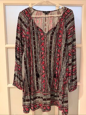 Express Black and Red Striped Floral Tie Neck Dress